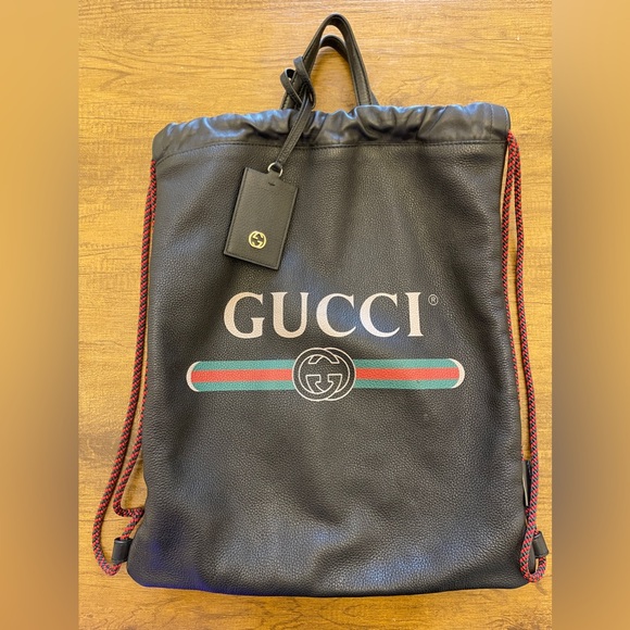 GUCCI Logo Print Leather Drawstring Backpack Bag Black - Picture 1 of 5